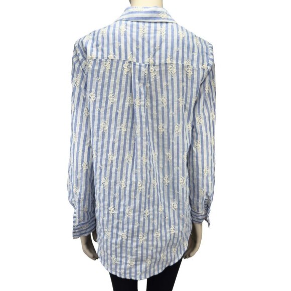 SENSUNIQ PARIS Cotton Striped Blue White Buttoned Up Embroided Floral Shirt sz M - Picture 3 of 7